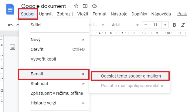 V hlavním menu přejdeme na Soubor - E-mail - Odeslat tento soubor e-mailem (Zdroj: Disk Google) V hlavním menu přejdeme na Soubor - E-mail - Odeslat tento soubor e-mailem (Zdroj: Disk Google)