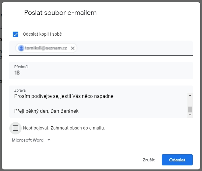 Rozhraní pro odeslání Google dokumentu emailem (Zdroj: Disk Google)