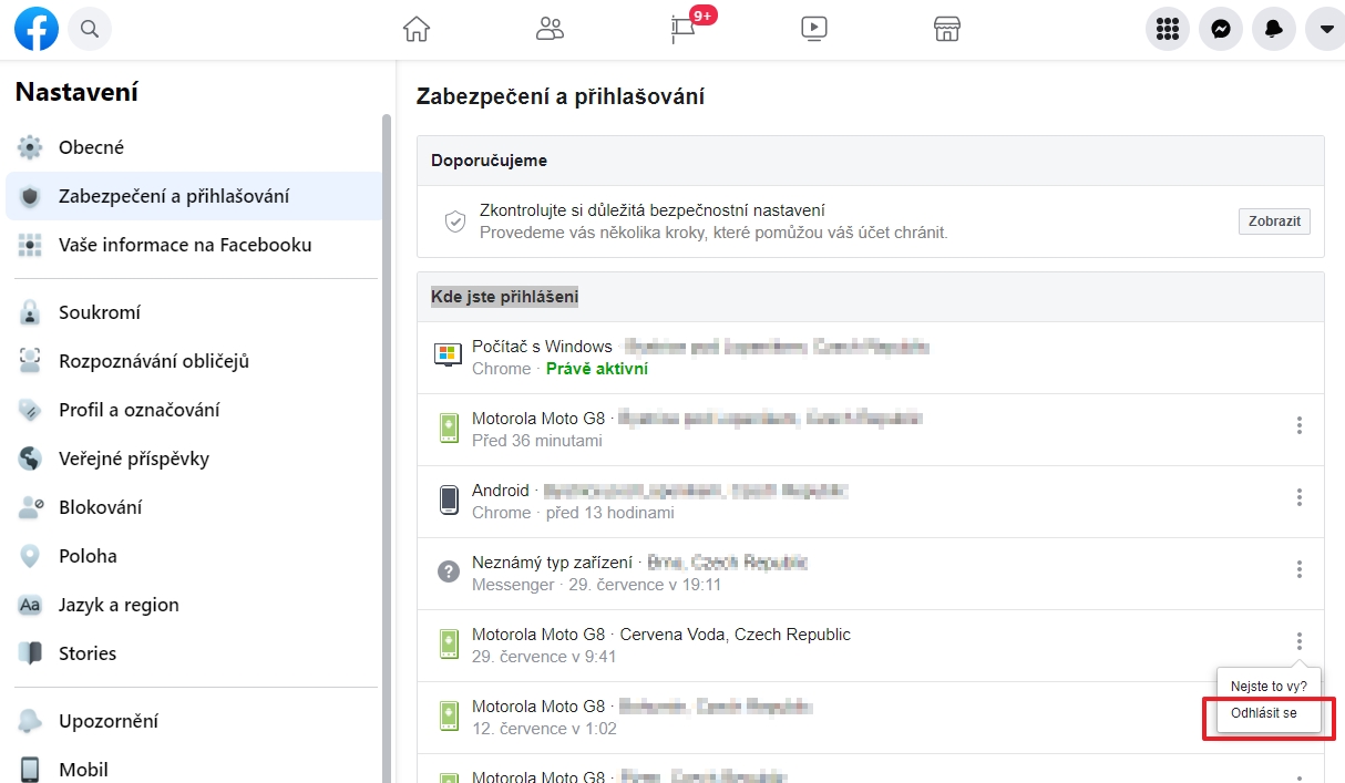 Přejdeme Nastavení a soukromí - Nastavení - Zabezpečení a přihlašování - Kde jste přihlášeni a zvolíme Odhlásit u všech požadovaných instancí (Zdroj: Facebook) Přejdeme Nastavení a soukromí - Nastavení - Zabezpečení a přihlašování - Kde jste přihlášeni a zvolíme Odhlásit u všech požadovaných instancí (Zdroj: Facebook)