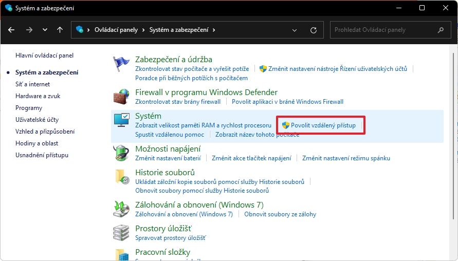 V sekci Systém odklikneme Povolit vzdálený přístup (Zdroj: Windows 11) V sekci Systém odklikneme Povolit vzdálený přístup (Zdroj: Windows 11)