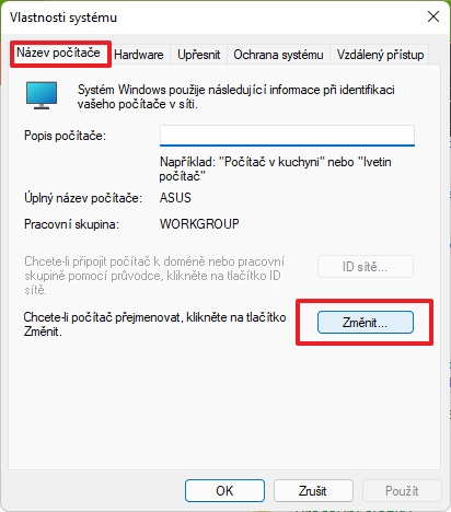 Přepneme se na kartu Název počítače, dáme Změnit, změníme jméno, potvrdíme OK a restartujeme počítač (Zdroj: Windows 11) Přepneme se na kartu Název počítače, dáme Změnit, změníme jméno, potvrdíme OK a restartujeme počítač (Zdroj: Windows 11)