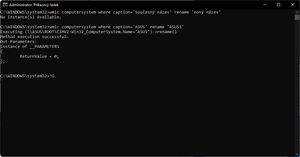 V příkazovém řádku s administrátorskými právy spustíme wmic computersystem where caption=současný název rename nový název a restartujeme počítač (Zdroj: Windows 11) V příkazovém řádku s administrátorskými právy spustíme wmic computersystem where caption=současný název rename nový název a restartujeme počítač (Zdroj: Windows 11)