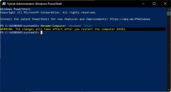 Ve Windows PowerShell s administrátorskými právy zadáme příkaz Rename-Computer -NewName nový název, potvrdíme Enterem a restartujeme počítač (Zdroj: Windows 11) Ve Windows PowerShell s administrátorskými právy zadáme příkaz Rename-Computer -NewName nový název, potvrdíme Enterem a restartujeme počítač (Zdroj: Windows 11)