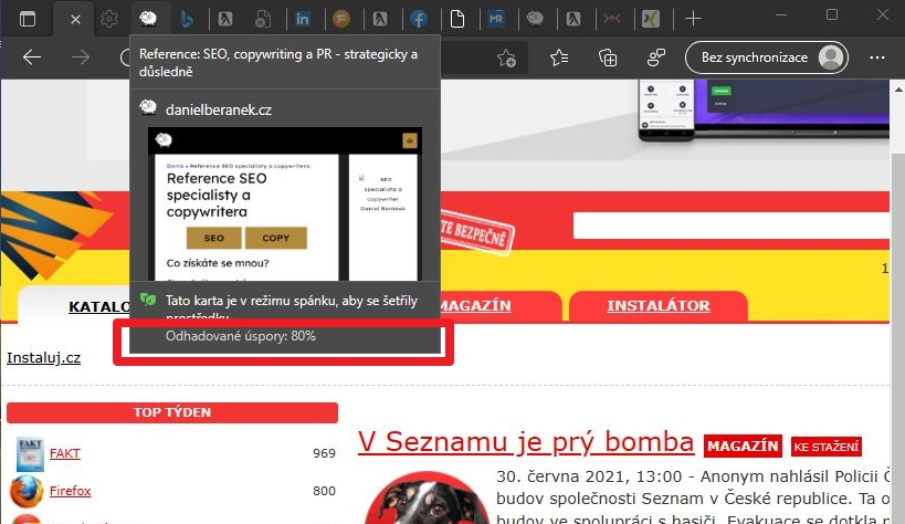 Úspora systémových prostředků uspaného panelu na pozadí (Zdroj: Microsoft Edge) Úspora systémových prostředků uspaného panelu na pozadí (Zdroj: Microsoft Edge)