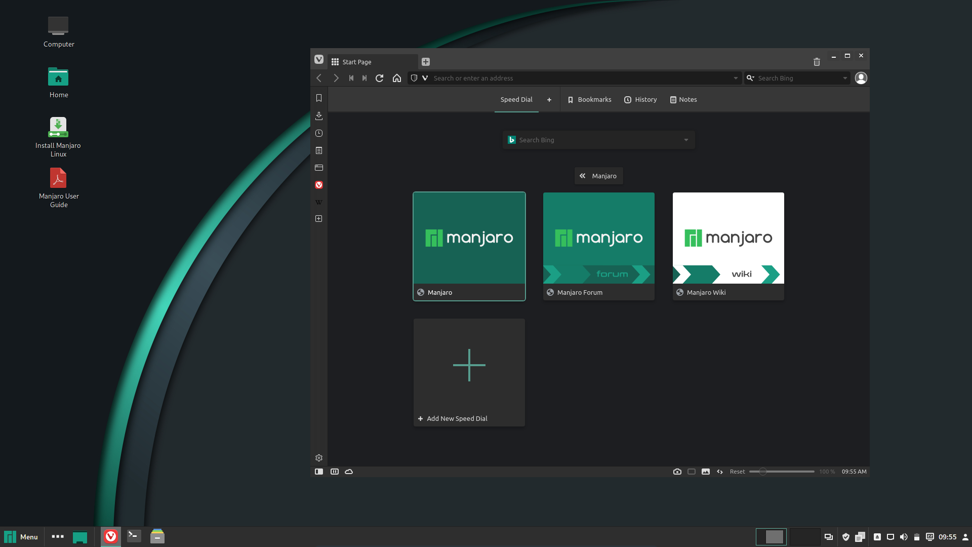 Skin Vivaldi vyvedený v barvách distribuce Manjaro (Zdroj: Vivaldi.com) Skin Vivaldi vyvedený v barvách distribuce Manjaro (Zdroj: Vivaldi.com)