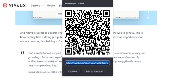 QR kód se přizpůsobí úpravám URL adresy, kterou zastupuje (Zdroj: Vivaldi) QR kód se přizpůsobí úpravám URL adresy, kterou zastupuje (Zdroj: Vivaldi)