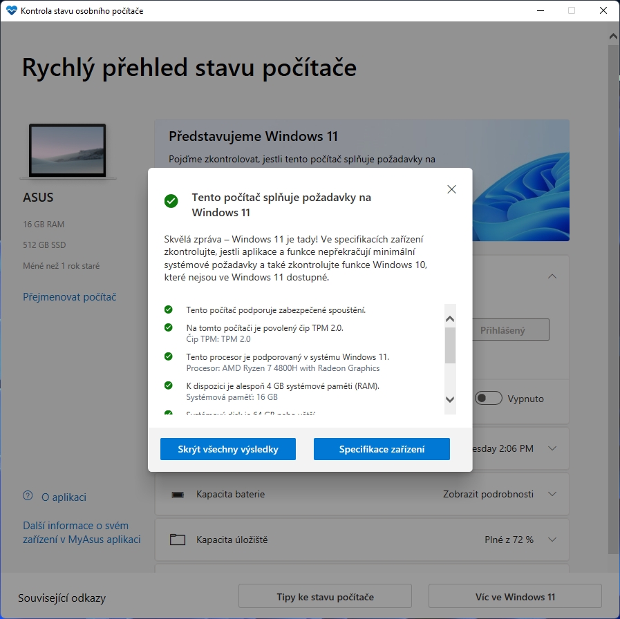 Podrobné výsledky aktualizovaného nástroje PC Health Check (Zdroj: Microsoft) Podrobné výsledky aktualizovaného nástroje PC Health Check (Zdroj: Microsoft)