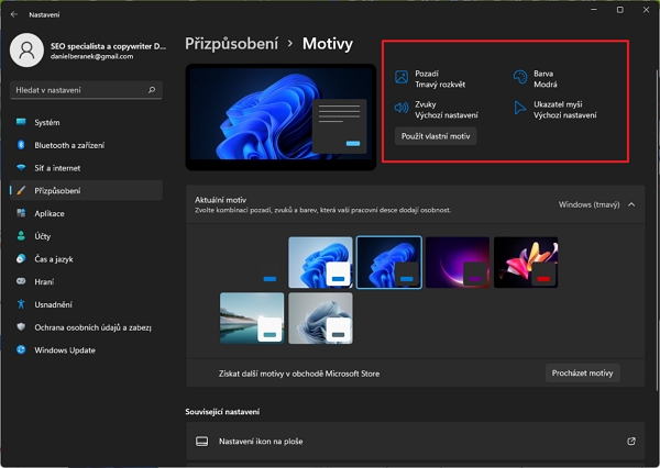 Navigujeme Nastavení - Přizpůsobení - Motivy a upravíme jednotlivé parametry aktuálního motivu (Zdroj: Windows 11) Navigujeme Nastavení - Přizpůsobení - Motivy a upravíme jednotlivé parametry aktuálního motivu (Zdroj: Windows 11)