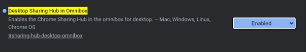 Otevřete chrome://flags - vyhledejte Desktop Sharing Hub in Omnibox - zvolte Enabled a restartujte prohlížeč (Zdroj: Google Chrome) Otevřete chrome://flags - vyhledejte Desktop Sharing Hub in Omnibox - zvolte Enabled a restartujte prohlížeč (Zdroj: Google Chrome)