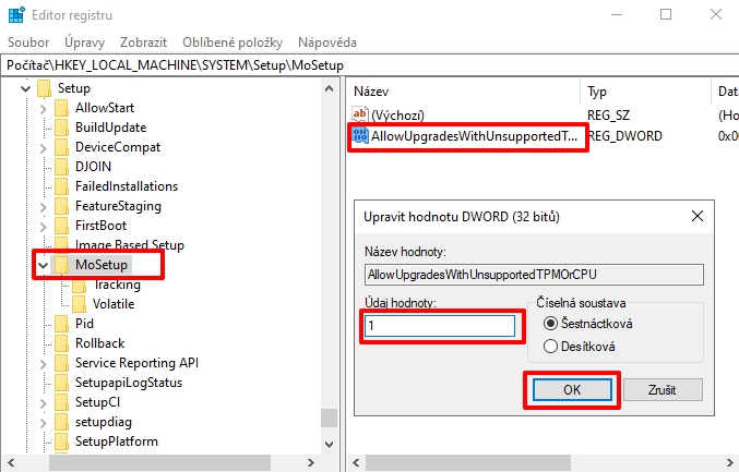 Navigujte ke klíči Počítač\HKEY_LOCAL_MACHINE\SYSTEM\Setup\MoSetup - vytvořte Hodnotu DWORD (32bitová) AllowUpgradesWithUnsupportedTPMOrCPU - nastavte její údaj na 1, zavřete Editor registru a restartujte PC (Zdroj: Windows 10)