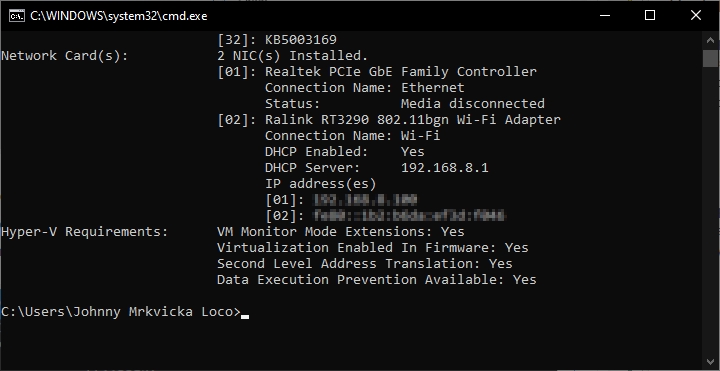 V příkazovém řádku zadejte příkaz systeminfo a přejděte k výpisu Hyper-V Requirements (Zdroj: Windows 10) V příkazovém řádku zadejte příkaz systeminfo a přejděte k výpisu Hyper-V Requirements (Zdroj: Windows 10)