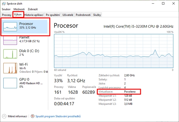 Ve Správci úloh na kartě Výkon pod položkou procesor najdeme položku Virtualizace (Zdroj: Windows 10) Ve Správci úloh na kartě Výkon pod položkou procesor najdeme položku Virtualizace (Zdroj: Windows 10)