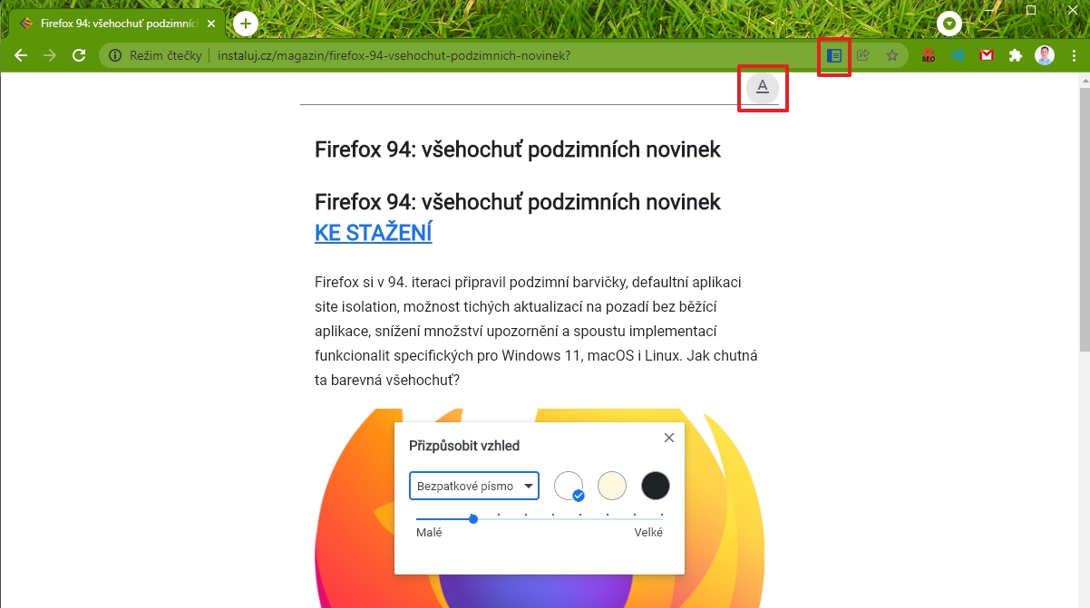 Zjednodušené zobrazení režimu čtečky se aktivuje ikonkou v adresním řádku (Zdroj: Google Chrome) Zjednodušené zobrazení režimu čtečky se aktivuje ikonkou v adresním řádku (Zdroj: Google Chrome)