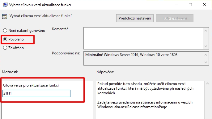 Navigujeme Místní počítač - zásady - Konfigurace počítače - Šablony pro správu - Součásti systému Windows - Windows Update - Windows Update pro firmy - Vybrat cílovou verzi aktualizace funkcí - zvolte Povoleno a nastavte hodnotu 21H1 (Zdroj: Windows 10) Navigujeme Místní počítač - zásady - Konfigurace počítače - Šablony pro správu - Součásti systému Windows - Windows Update - Windows Update pro firmy - Vybrat cílovou verzi aktualizace funkcí - zvolte Povoleno a nastavte hodnotu 21H1 (Zdroj: Windows 10)
