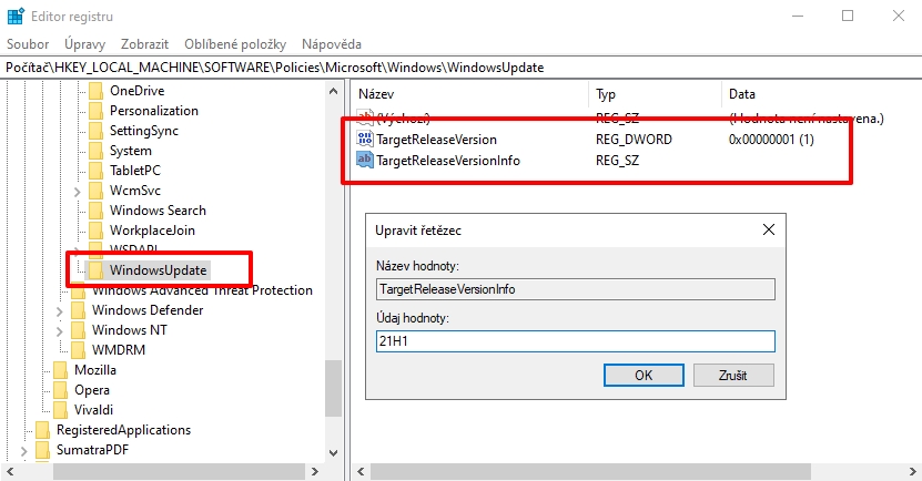 V klíči Počítač\HKEY_LOCAL_MACHINE\SOFTWARE\Policies\Microsoft\Windows\WindowsUpdate vytvořte 2 hodnoty TargetReleaseVersion a TargetReleaseVersionInfo (Zdroj: Windows 10) V klíči Počítač\HKEY_LOCAL_MACHINE\SOFTWARE\Policies\Microsoft\Windows\WindowsUpdate vytvořte 2 hodnoty TargetReleaseVersion a TargetReleaseVersionInfo (Zdroj: Windows 10)