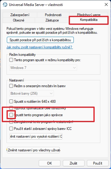 Přes kontextové menu pokračujeme na kartu Kompatibilita a v sekci Nastavení zvolíme Spustit tento program jako správce (Zdroj: Windows 11) Přes kontextové menu pokračujeme na kartu Kompatibilita a v sekci Nastavení zvolíme Spustit tento program jako správce (Zdroj: Windows 11)