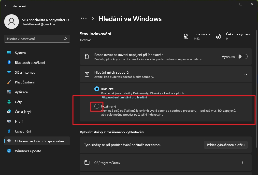 Navigujeme Nastavení - Ochrana osobních údajů a zabezpečení a v sekci Hledání mých souborů zaškrtneme volbu Rozšířené (Zdroj: Windows 11) Navigujeme Nastavení - Ochrana osobních údajů a zabezpečení a v sekci Hledání mých souborů zaškrtneme volbu Rozšířené (Zdroj: Windows 11)
