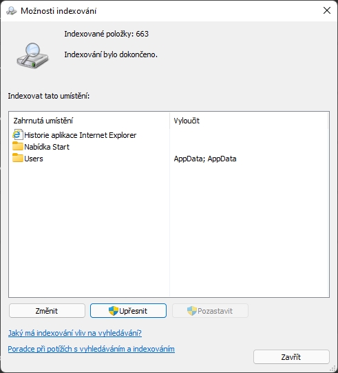 Možnost Upřesnit možnosti indexování najdeme pod aktivací Rozšířeného hledání (Zdroj: Windows 11) Možnost Upřesnit možnosti indexování najdeme pod aktivací Rozšířeného hledání (Zdroj: Windows 11)