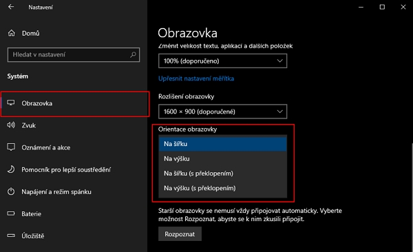 Možnosti otáčení plochy Windows v systémové aplikaci Nastavení (Zdroj: Windows 10)