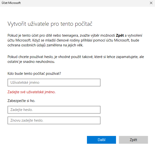 Zadejte jméno nového uživatele a jeho heslo (Zdroj: Windows 11) Zadejte jméno nového uživatele a jeho heslo (Zdroj: Windows 11)