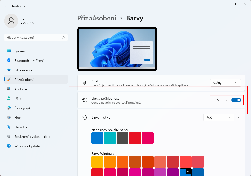 Navigujeme Nastavení - Přizpůsobení - Barvy - Efekty průhlednosti a přepneme posuvník do požadované polohy (Zdroj: Windows 11) Navigujeme Nastavení - Přizpůsobení - Barvy - Efekty průhlednosti a přepneme posuvník do požadované polohy (Zdroj: Windows 11)