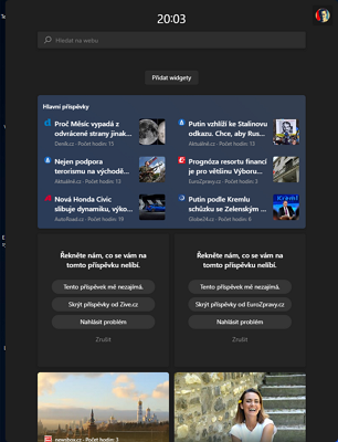 Panel widgetů: vyhledávací panel, widgety a informační kanál (Zdroj: Windows 11) Panel widgetů: vyhledávací panel, widgety a informační kanál (Zdroj: Windows 11)