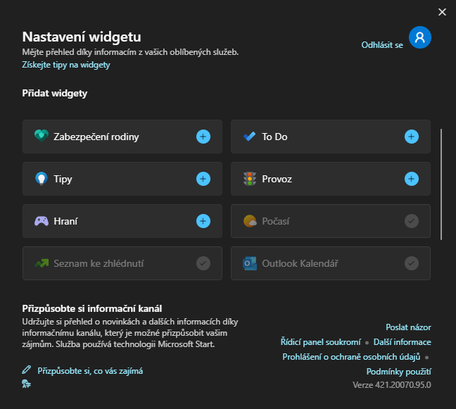 Nabídka widgetů k přidání na panel (Zdroj: Windows 11) Nabídka widgetů k přidání na panel (Zdroj: Windows 11)