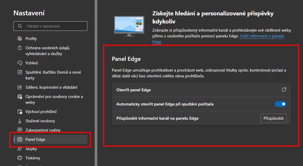 Otevřete hlavní menu - Nastavení - Panel Edge a zvolte Otevřít panel Edge (Zdroj: Microsoft Edge)