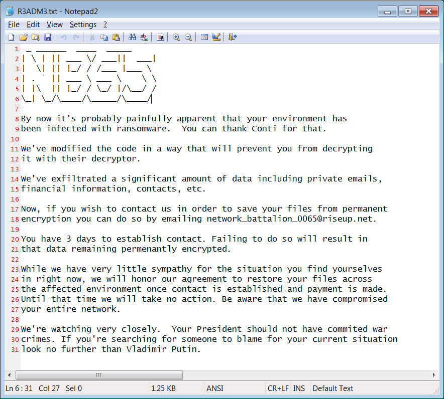 Vzkaz NB65 přibalený v souboru R3ADM3.txt (Zdroj: BleepingComputer.com) 