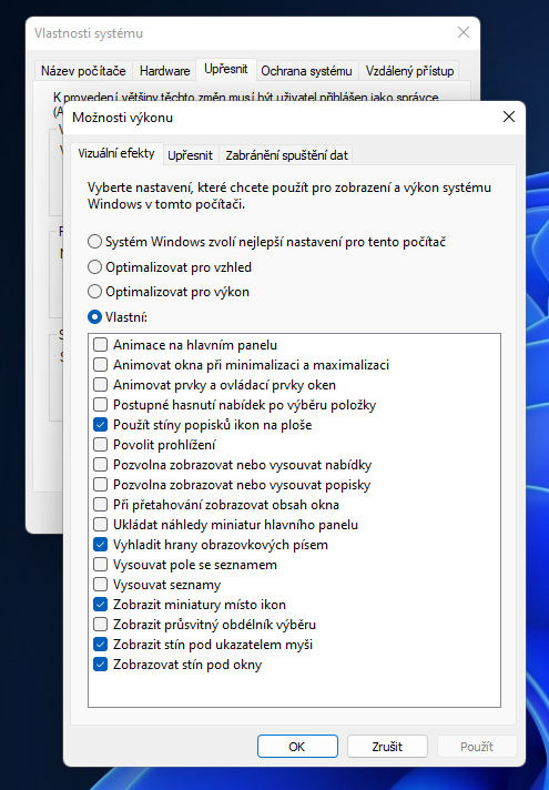 Vybereme z možností Systém Windows zvolí nejlepší nastavení pro tento počítač; Optimalizovat pro vzhled; Optimalizovat pro výkon nebo Vlastní (Zdroj: Windows 11) Vybereme z možností Systém Windows zvolí nejlepší nastavení pro tento počítač; Optimalizovat pro vzhled; Optimalizovat pro výkon nebo Vlastní (Zdroj: Windows 11)