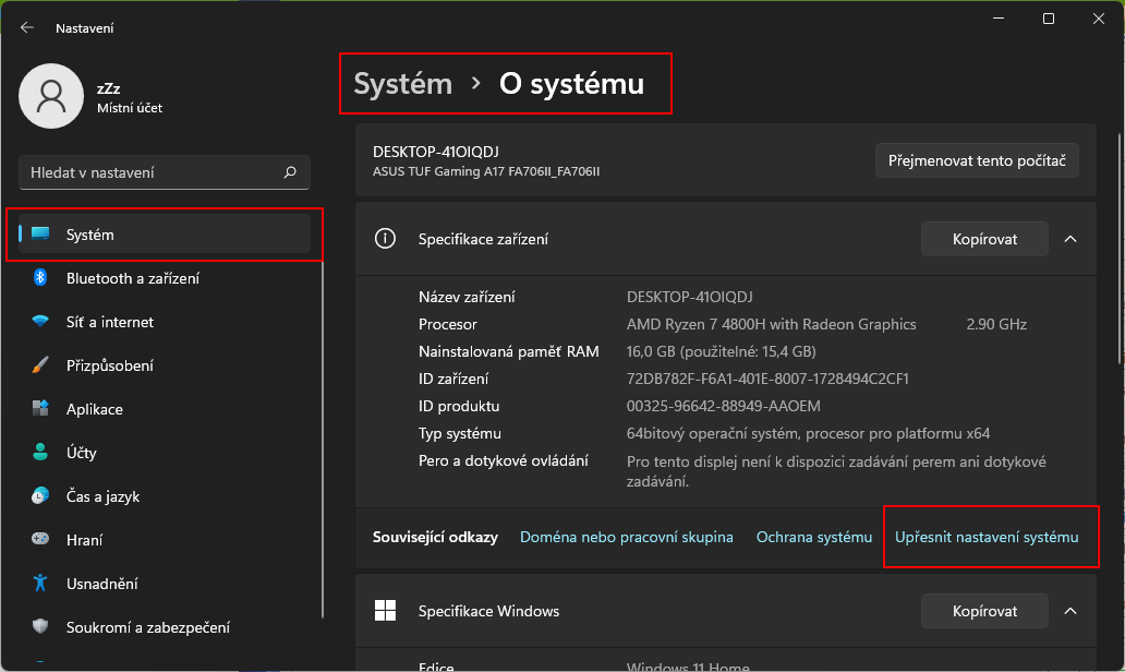 Otevřeme Nastavení - navigujeme O systému a v prvním podokně rozhraní zvolíme položku Upřesnit nastavení systému (Zdroj: Windows 11) Otevřeme Nastavení - navigujeme O systému a v prvním podokně rozhraní zvolíme položku Upřesnit nastavení systému (Zdroj: Windows 11)