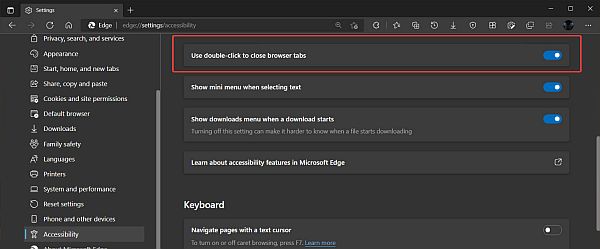 Zvolte Nastavení;  pokračujte na Přístupnost;  aktivujte položku Zavřít panely prohlížeče dvojitým kliknutím přesunutím posuvníku do aktivní polohy (Zdroj: Microsoft Edge Canary, Windows 11)