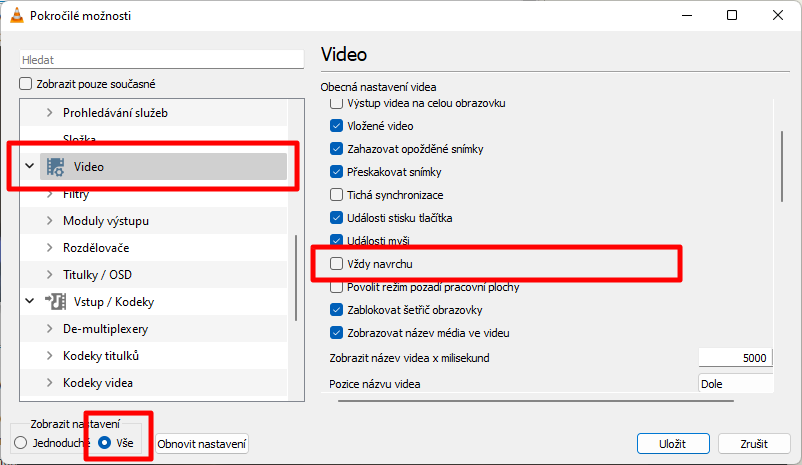 Otevřeme VLC; v horním menu rozklikněte Nástroje; z voleb odklikněte Možnosti; vlevo dole v sekci Zobrazit nastavení zaklikneme možnost Vše; ze všech možností zobrazených vlevo odklikneme Video;  a zde v obecných nastaveních videa zaškrtneme Vždy navrchu; potvrdíme Uložit; restartujeme VLC (Zdroj: VLC)