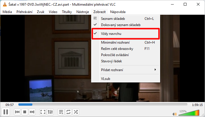Otevřeme VLC;  v horním menu rozklikneme Zobrazit;  zvolíme možnost Vždy navrchu (Zdroj: VLC)