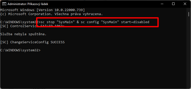 Otevřeme příkazový řádek s právy administrátora, vložíme příkaz sc stop SysMain & sc config SysMain start=disabled, restartujeme počítač (Zdroj: Windows 11)