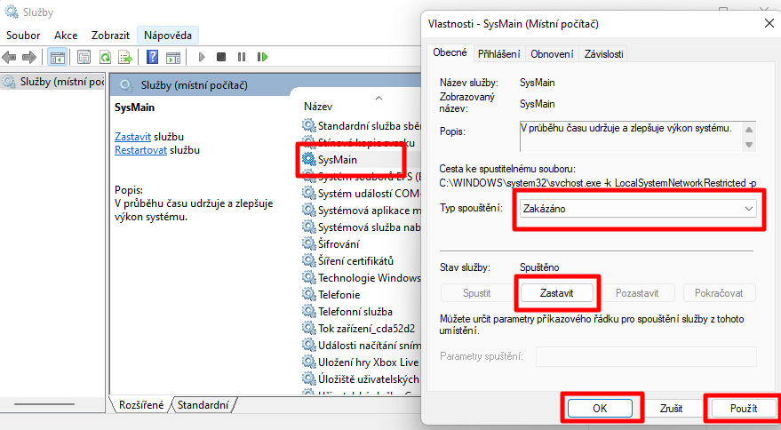 Spustíme služby utilitku Spustit (WIN + R) a příkaz services.msc; vyhledáme položku SysMain; v sekci Stav služby odklikneme Zastavit; v sekci Typ spouštění zvolíme Zakázáno; potvrdíme Použít a OK; restartujeme počítač (Zdroj: Windows 11)