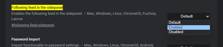 Otevřeme experimentální nastavení Google Chrome pomocí příkazu chrome://flags; vyhledáme položku Following Feed in the sidepanel; změníme její hodnotu na Enabled; restartujeme Chrome. (Zdroj: Google Chrome Canary) Otevřeme experimentální nastavení Google Chrome pomocí příkazu chrome://flags; vyhledáme položku Following Feed in the sidepanel; změníme její hodnotu na Enabled; restartujeme Chrome. (Zdroj: Google Chrome Canary)