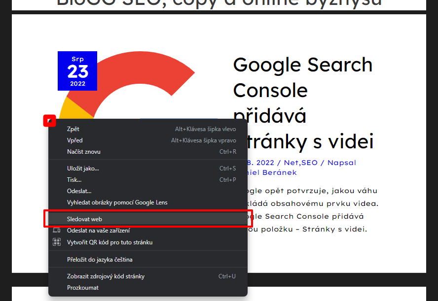 Zamiřte na požadovaný web; pravým myšítkem otevřete kontextové menu na ploše webu mimo prvky typu obrázek; zvolte možnost Sledovat web. (Zdroj: danielberanek.cz) Zamiřte na požadovaný web; pravým myšítkem otevřete kontextové menu na ploše webu mimo prvky typu obrázek; zvolte možnost Sledovat web. (Zdroj: danielberanek.cz)