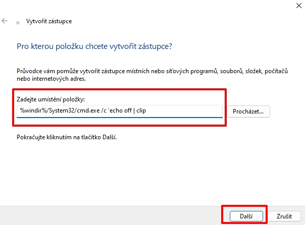 Vytvoříme ikonku (alias zástupce) na ploše Windows přes kontextové menu pravého myšítka odkliknutého na ploše a volby Nový - Zástupce; v okně zástupce do kolonky systémového umístění nadepsané Zadejte umístění položky vložíme příkaz %windir%/System32/cmd.exe /c echo off | clip pokračujeme přes Další; příhodně pojmenujeme zástupce - např. Vymazat schránku (Zdroj: Windows 11) Vytvoříme ikonku (alias zástupce) na ploše Windows přes kontextové menu pravého myšítka odkliknutého na ploše a volby Nový - Zástupce; v okně zástupce do kolonky systémového umístění nadepsané Zadejte umístění položky vložíme příkaz %windir%/System32/cmd.exe /c echo off | clip pokračujeme přes Další; příhodně pojmenujeme zástupce - např. Vymazat schránku (Zdroj: Windows 11)