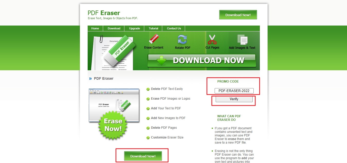 Zamiřte na web pdferaser.net do kolonky PROMO CODE vpravo zadejte kód PDF-ERASER-2022 odklikněte tlačítko Verify zkopírujte si produktový klíč v sekci Giveaway Serial Key v rozhraní pod tlačítkem Verify stáhněte soubor pdferaser.exe odkliknutím tlačítka Download Now! (Zdroj: pdferaser.net)
