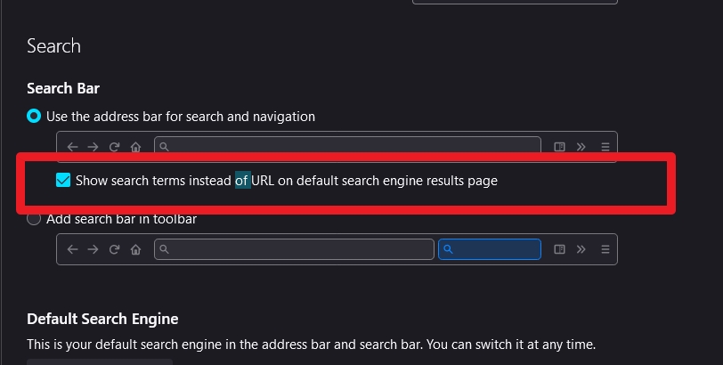 Spusťte Firefox; otevřete hlavní menu pod hamburgerovou ikonkou a vyberte Nastavení;  přejděte na kartu Vyhledávání;  v sekci Vyhledávání - Vyhledávací pole zaklikněte možnost Použít adresní řádek pro navigaci i vyhledávání - a pod zvolte možnost Zobrazit hledané výrazy místo adresy URL na stránce s výsledky výchozího vyhledávače (Zdroj: Mozilla Firefox Nightly)