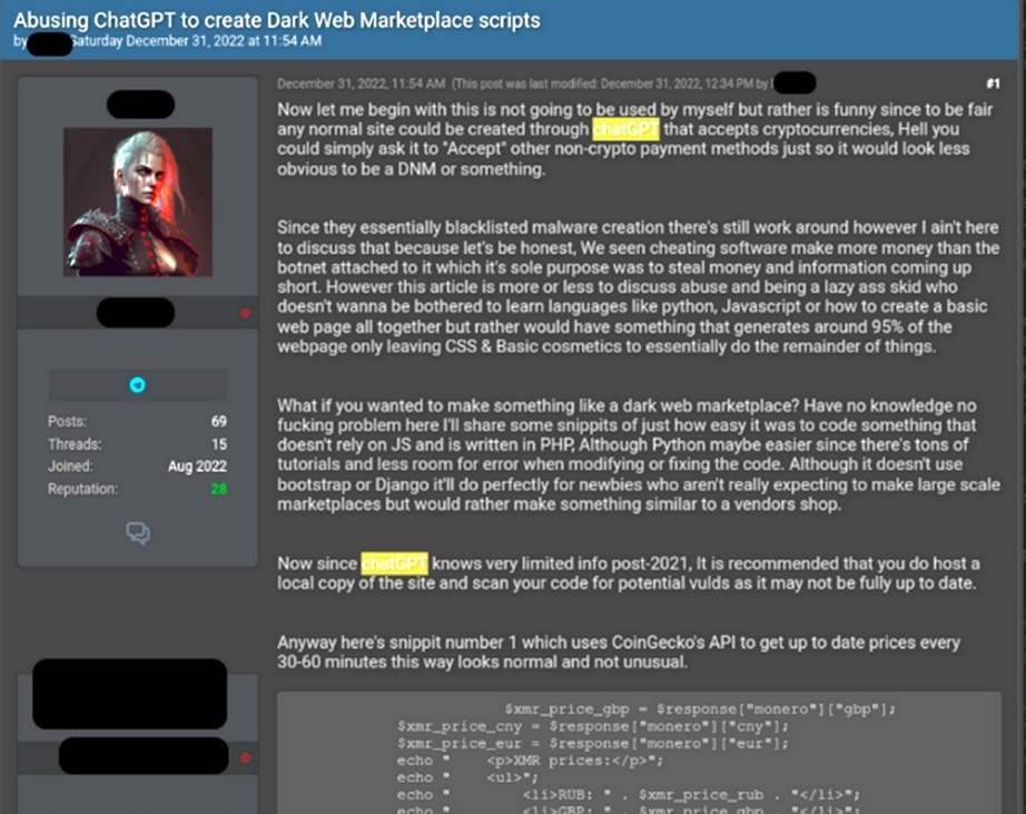 Fórum rozebírající možnosti uplatnění ChatGPT v prostředí dark webu (Zdroj: ArsTechnica)