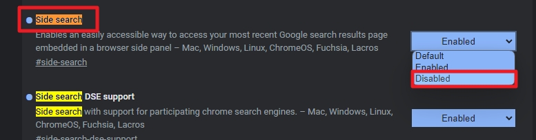Otevřeme experimentální nastavení Google Chrome Canary pomocí příkazu chrome://flags; vyhledáme položku Side Search; z roletkového menu vybereme hodnotu Disabled; restartujeme Google Chrome (Zdroj: Google Chrome)