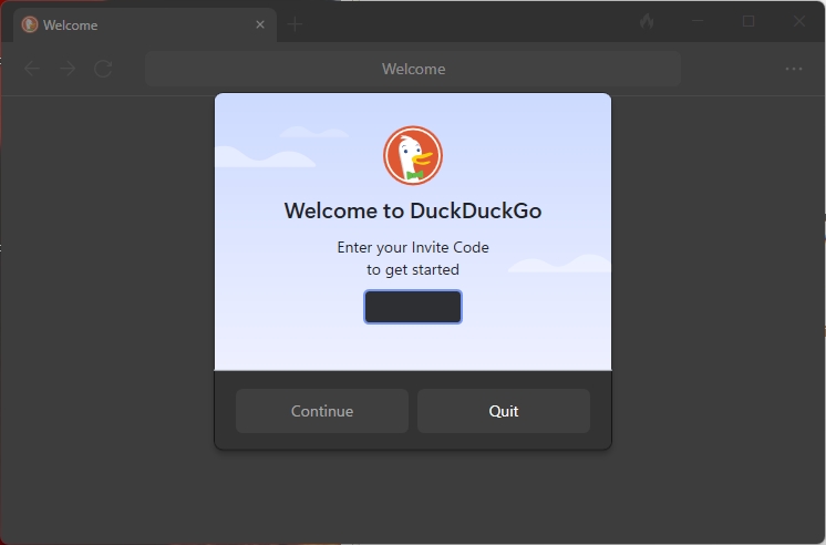 Nainstalujte a spusťte DuckDuckGo; do uvítacího okna vložte kód z pozvánky; odklikněte tlačítko Get started! (Zdroj: DuckDuckGo)