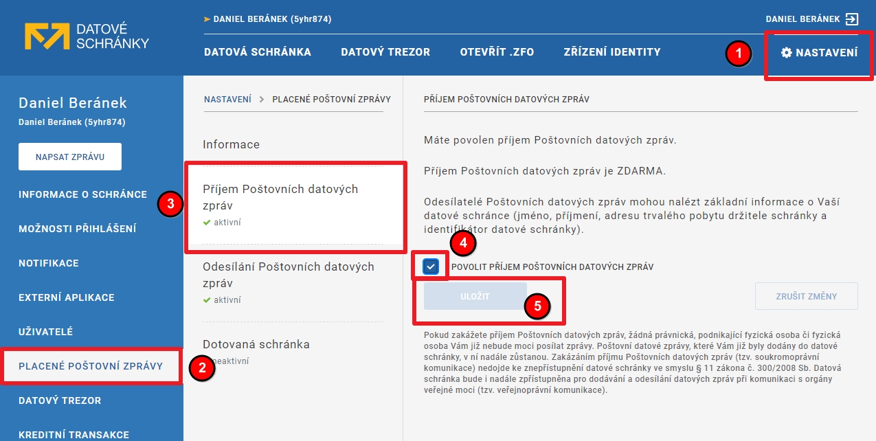 Zamiřte do Nastavení (vpravo nahoře); přejděte do sekce Placené poštovní zprávy; odklikněte Příjem poštovních datových zpráv; zrušte zaškrtnutí položky Povolit příjem poštovních datových zpráv; potvrďte odkliknutím Uložit (Zdroj: mojedatovaschranka.cz) Zamiřte do Nastavení (vpravo nahoře); přejděte do sekce Placené poštovní zprávy; odklikněte Příjem poštovních datových zpráv; zrušte zaškrtnutí položky Povolit příjem poštovních datových zpráv; potvrďte odkliknutím Uložit (Zdroj: mojedatovaschranka.cz)