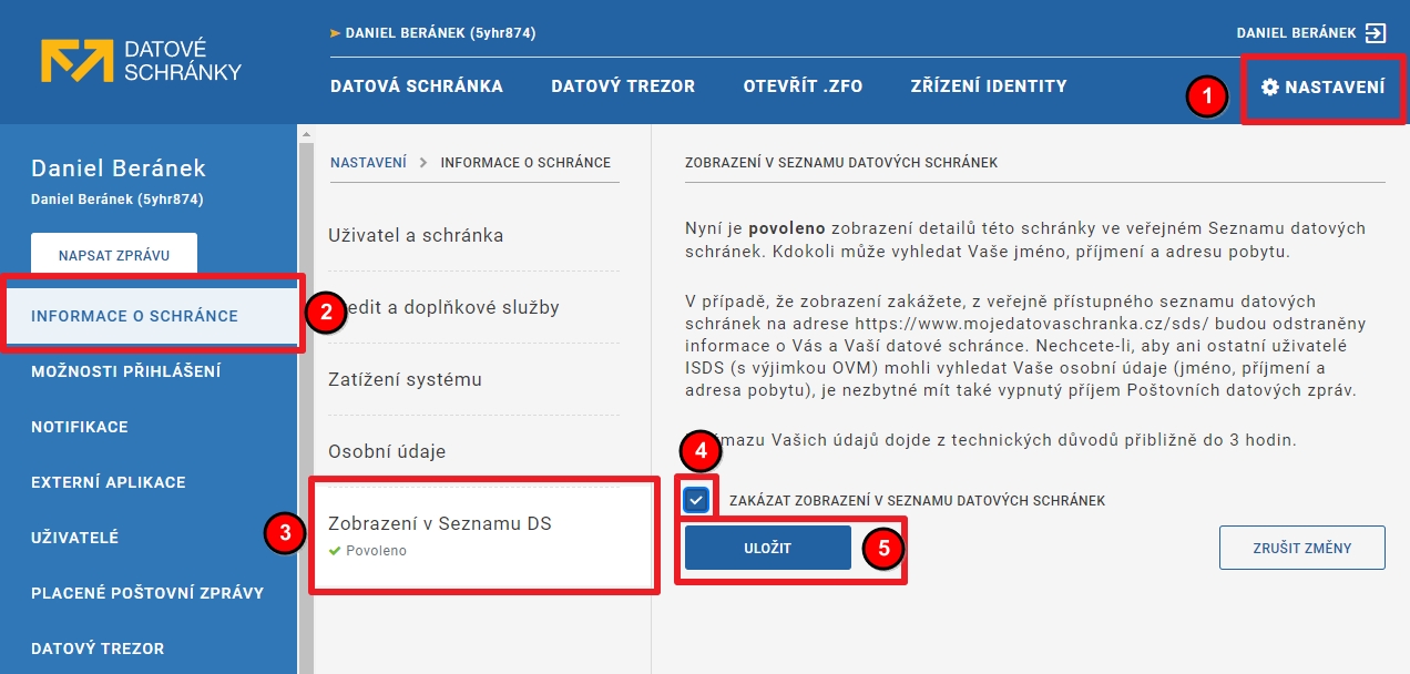 Zamiřte do Nastavení (vpravo nahoře); přejděte do sekce Informace o schránce; odklikněte Zobrazení v Seznamu DS; zaškrtněte možnost Zakázat zobrazení v seznamu datových schránek; potvrďte odkliknutím Uložit (Zdroj: mojedatovaschranka.cz) Zamiřte do Nastavení (vpravo nahoře); přejděte do sekce Informace o schránce; odklikněte Zobrazení v Seznamu DS; zaškrtněte možnost Zakázat zobrazení v seznamu datových schránek; potvrďte odkliknutím Uložit (Zdroj: mojedatovaschranka.cz)