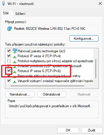 v okně zvoleného připojení odškrtnutím deaktivujeme položku Protokol IP verze 6 (TCP/IPv6); potvrdíme OK; restartujeme počítač (Zdroj: Windows 11)