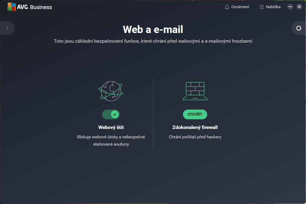 Webový, emailový štít a Zdokonalený firewall jsou perfektními společníky při zabezpečení práce s Internetem (Zdroj: AVG Antivirus Business Edition)