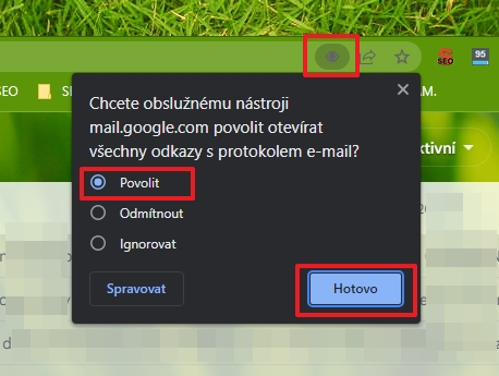Přejděte na Gmail - mail.google.com/mail; v adresním řádku klikněte na ikonku dvou překrývajících se kosočtverců; v dialogu Chcete obslužnému nástroji mail.google.com povolit všechny odkazy s protokolem e-mail? vyberte možnost Povolit; potvrďte tlačítkem Hotovo (Zdroj: Google Chrome)