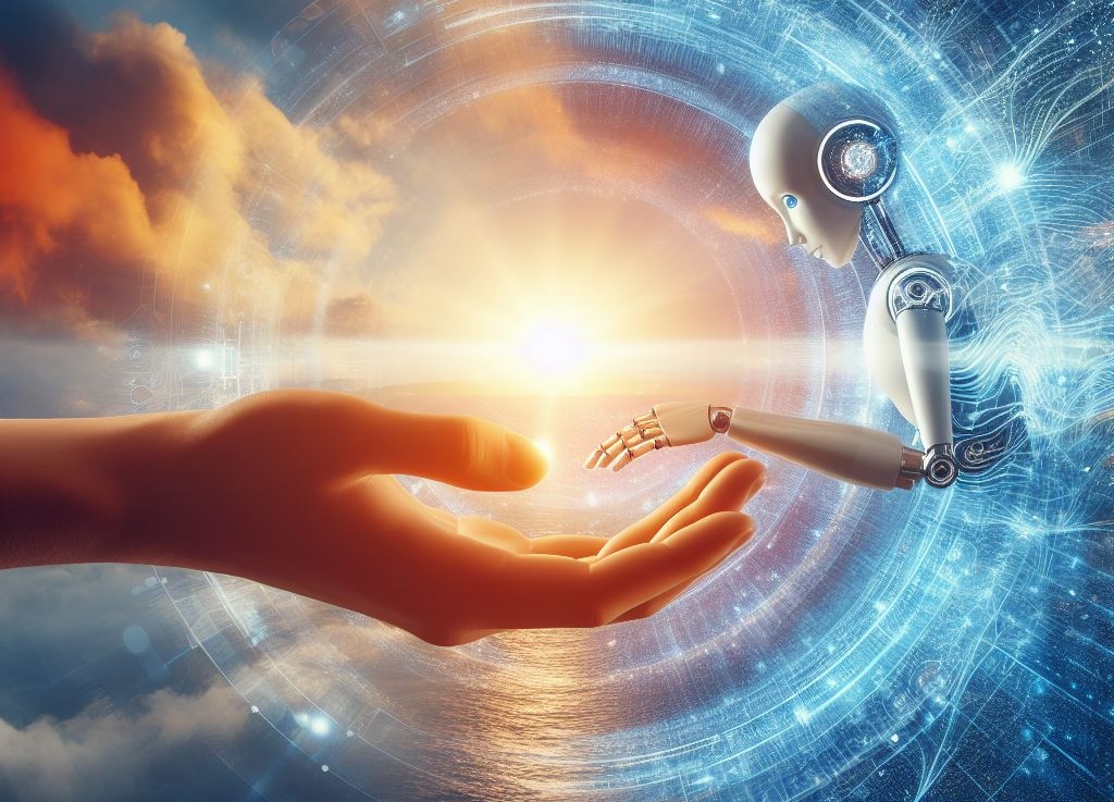 Inspirativní obrázek ukazující harmonii mezi člověkem a AI, například člověk a robot, kteří se podávají ruce, nebo východ slunce nad digitálně transformovanou krajinou, symbolizující nový začátek v AI (Zdroj: Bing Image Creator)